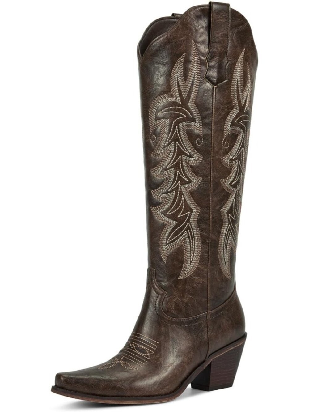 Women's Dark Brown Rubber Faux Leather Pointed Toe Knee High Cowboy Boots
